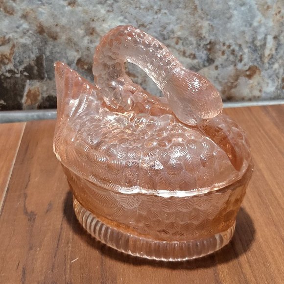 VTG Pink Glass Nesting Swan Covered Trinket Oval Candy Dish Peach Translucent - Picture 14 of 15
